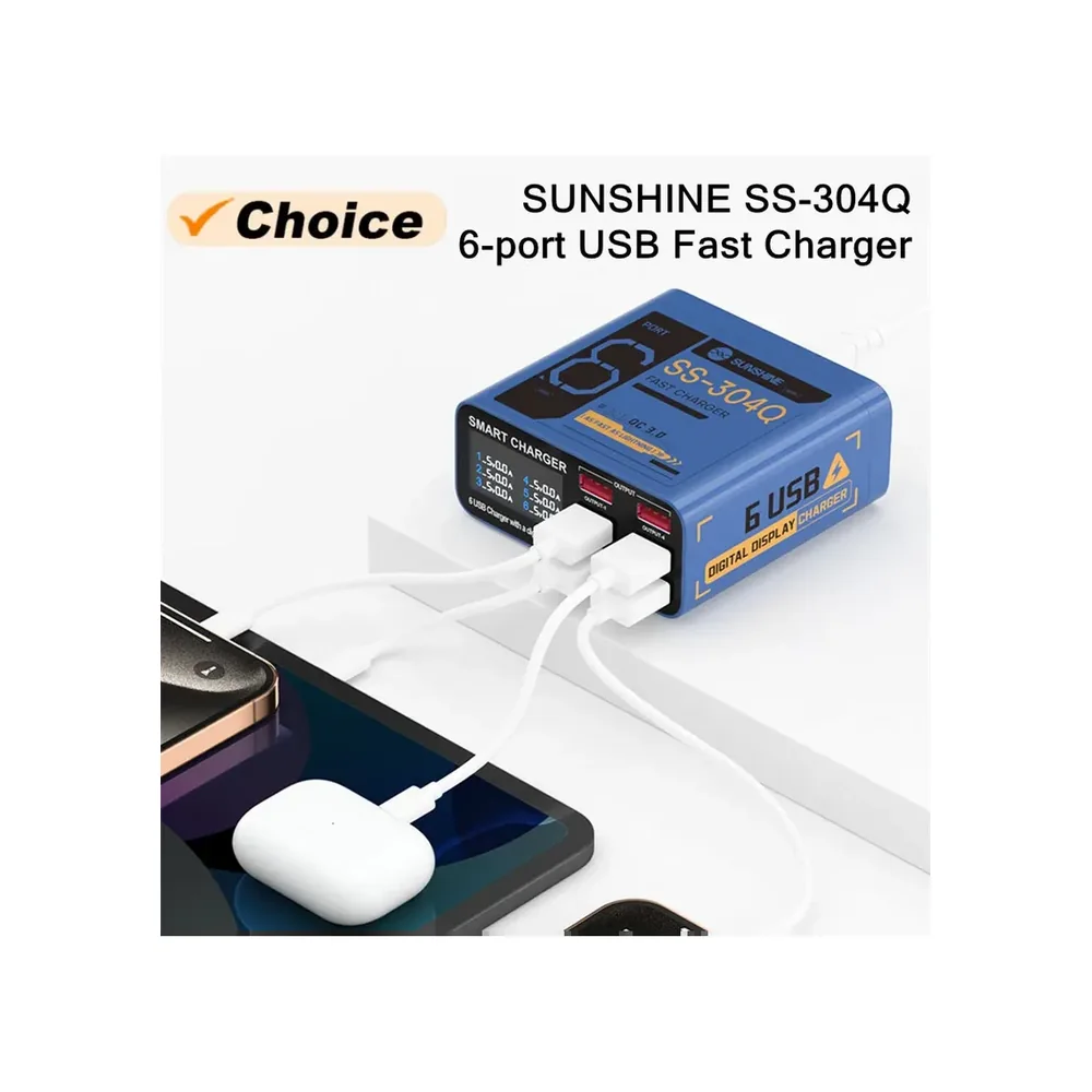 SUNSHINE SS-304Q 6 USB portlu ağıllı şarj cihazı — boz — şəkil 5