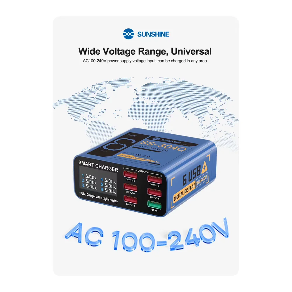 SUNSHINE SS-304Q 6 USB portlu ağıllı şarj cihazı — boz — şəkil 7